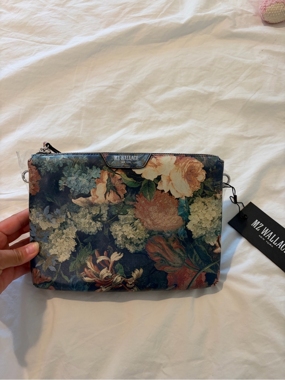 MZ Wallace Floral Clutch Wristlet in Navy with Cream & Green Accents